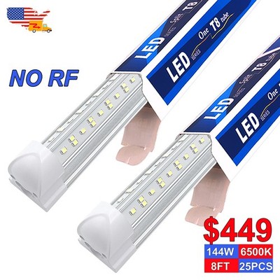 25 Pack 8' Garage Light 144W 14400Lms 6500K Linkable Clear Cover For Factory