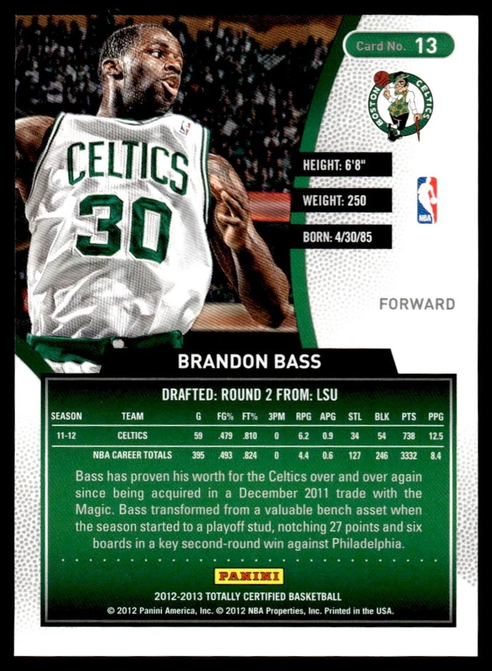 2012-13 Panini Totally Certified Totally Gold #/25 Brandon Bass #13 Celtics — 第 2/2 张图片