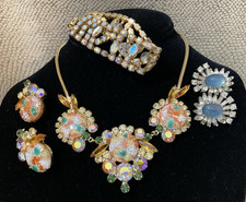 Vintage Rhinestone AB Necklace Earring Set Crystal Bracelet JOMAZ Earrings As Is