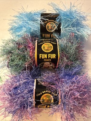 (3)  Lion Brand Yarn Fun Fur Lt Blue Tropical & Fiji Total 4 oz  Lot Of 3