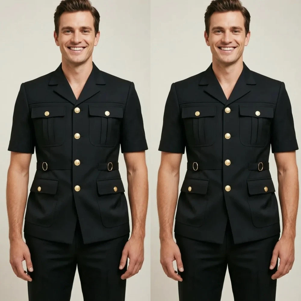 Men's Safari Suit with Gold Buttons Short Sleeve Black Jacket Hunting Wear