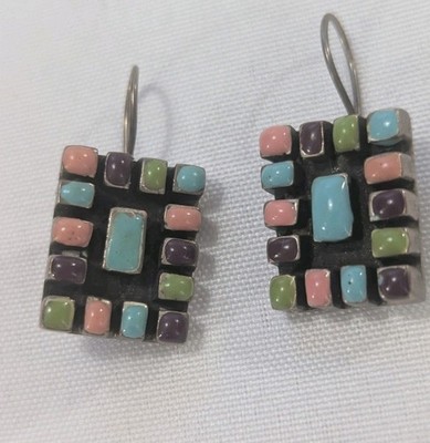 Vibrant Sterling Silver 925 Multicolor Gemstone Rectangular Pendant Earrings 