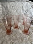 Vintage Set Of 5 Pink Depression Glass Optic Floral Etched Footed 6”Glasses