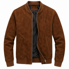 Mens Brown Suede Leather Bomber Jacket Genuin...