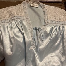 Vintage NICOLE Nightgown Button Satin Embroidered Pleated Lace Light Blue. This