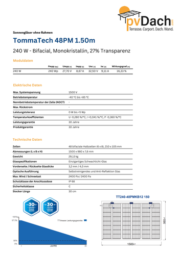TommaTech 240 Wp 48PM G2G Terrassen-Solarmodul bifacial (1500 mm - Bild 2 von 9
