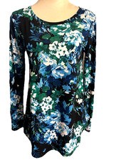 Karen Kane Womens S Floral Blue Black Knit Pullover Long Sleeves Top USA