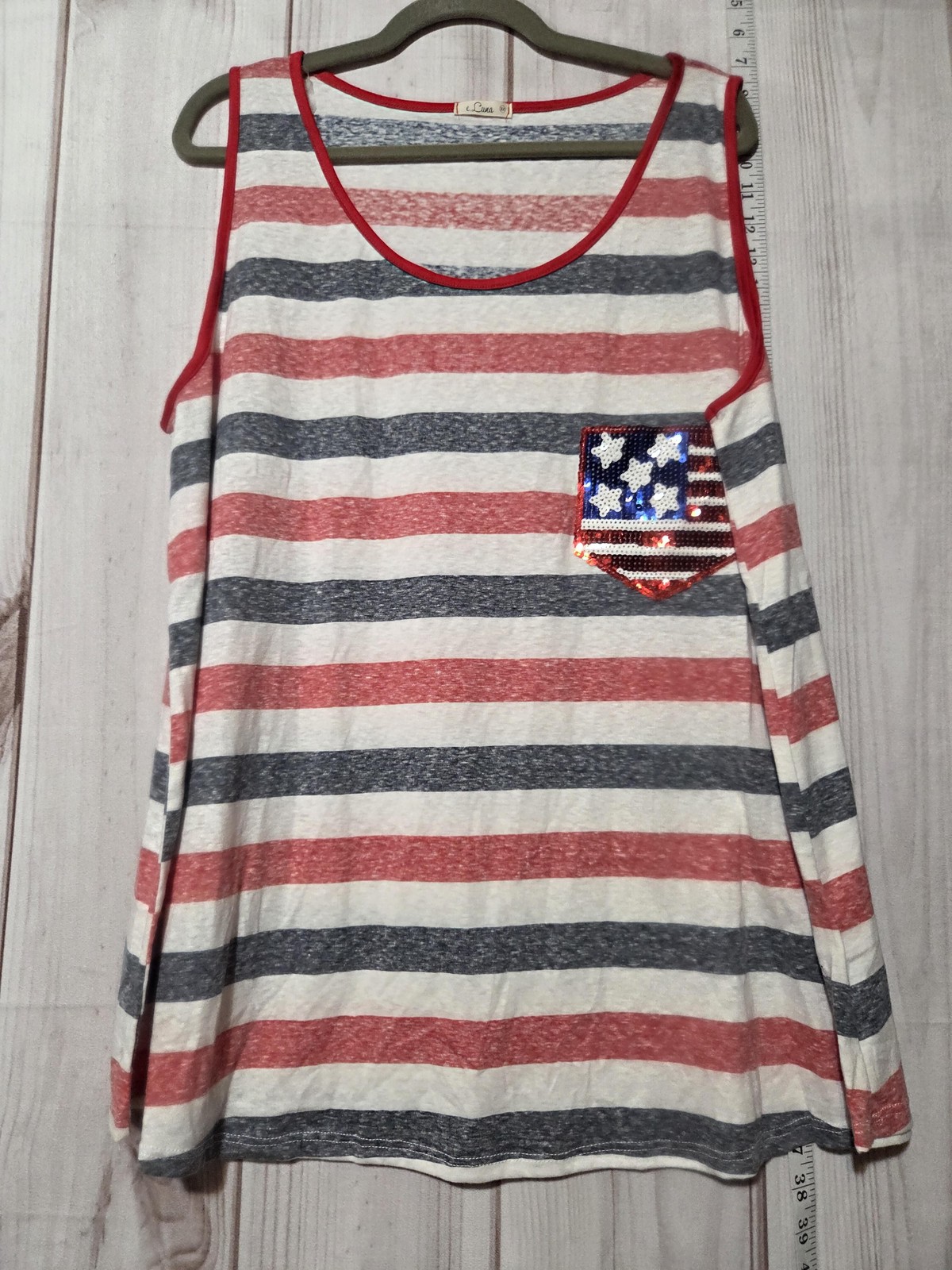 Luna Tank Top Womens Plus 3XL Red White Blue Striped Sequin Flag Pocket USA
