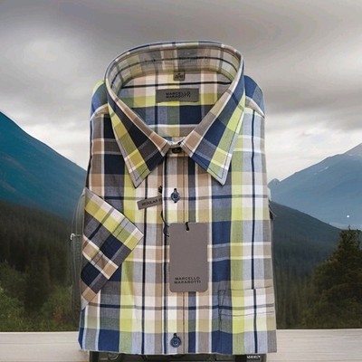 MARCELLO MARABOTTI Kurzarm Hemd Gr. M 39/40 grün navy beige Regular Fit