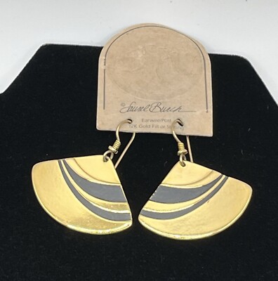 Laurel Burch Gold With Black Fan Shape Signed Earrings 1.5  VTG Original Card