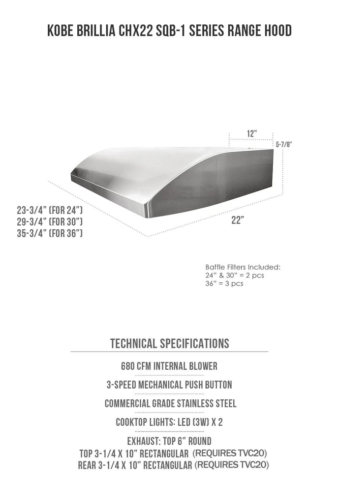 Campana extractora KOBE CHX2230SQB-1 Brillia 30 pulgadas debajo del gabinete 3 velocidades 680 CFM LE... Foto 4 de 4
