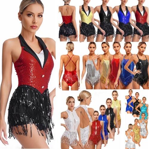 AU Womens Tuxedo Jazz Latin Dance Costume Sequins Tassels Leotard Jumpsuit Dress - Picture 2 of 173