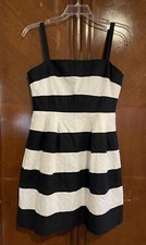 NWT Ann Taylor LOFT Size 8 Black White Striped Pleated Dress Linen Blend Party