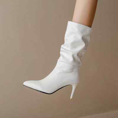 Damen Stiefel kniehoher Absatz 8 cm weiß glänzend Kunstleder 36453
