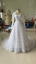 Real A-Line White Elegant Wedding Dresses Applique Square Neck Long Sleeve