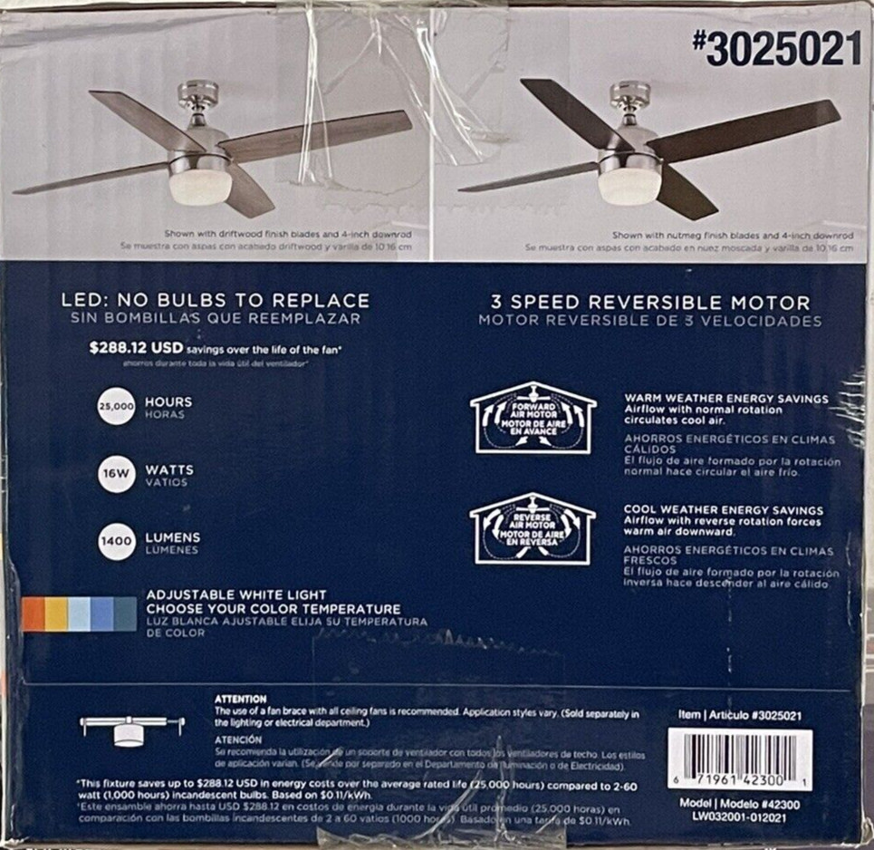 Harbor Breeze Boltz 52" Brushed Nickel Indoor Ceiling Fan LED Light with Remote