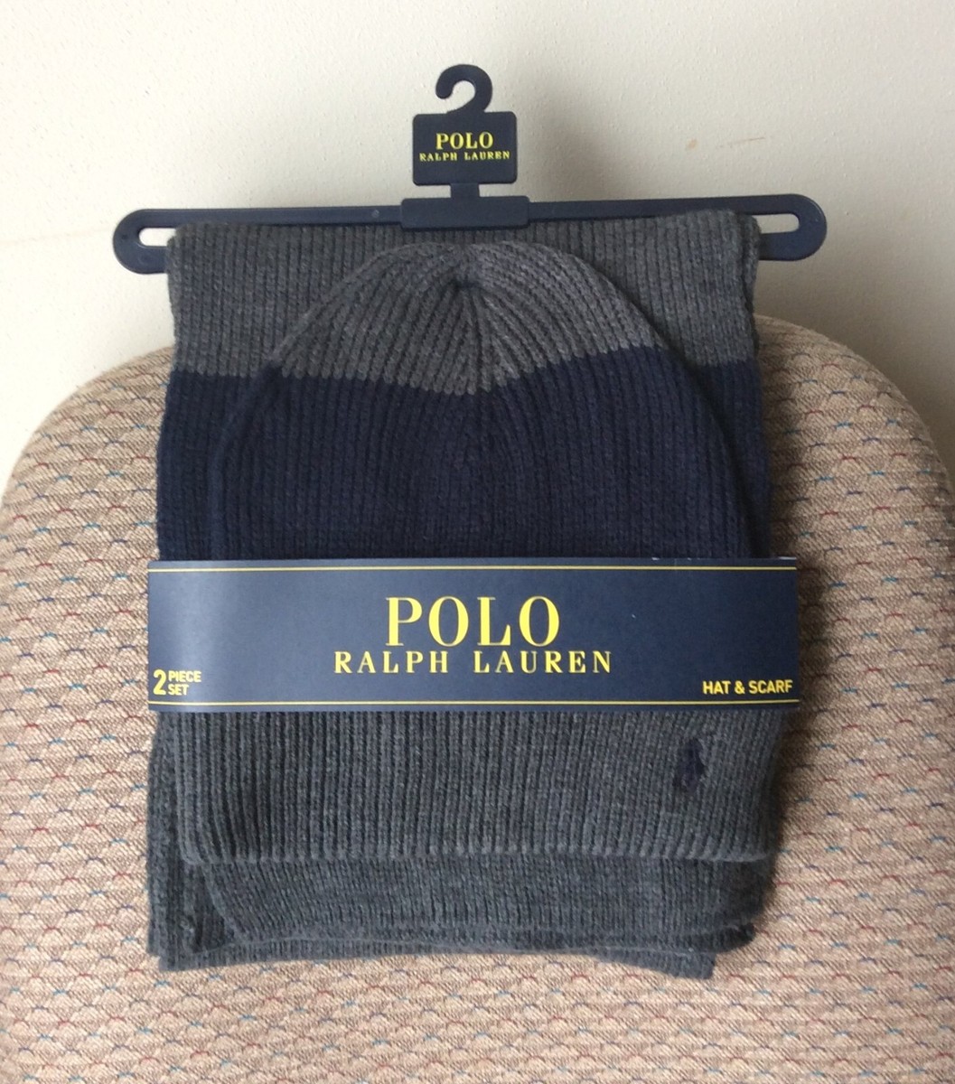 ラルフローレン POLO Polo Ralph Lauren Knit Scarf & Beanie Hat Set - Charcoal w Navy | eBay