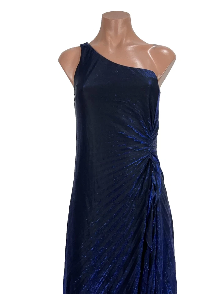 VTG 90s BLACK BLUE Metallic Ruched Evening DRESS S Accordion Pleat Party Prom - Image 3 of 4