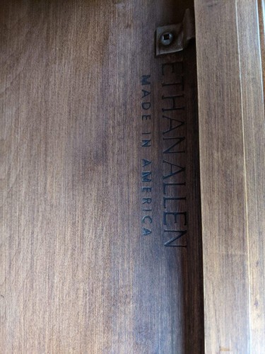 used brown wooden ethan allen computer desk, 48"x54.5"x24" - Picture 3 of 5