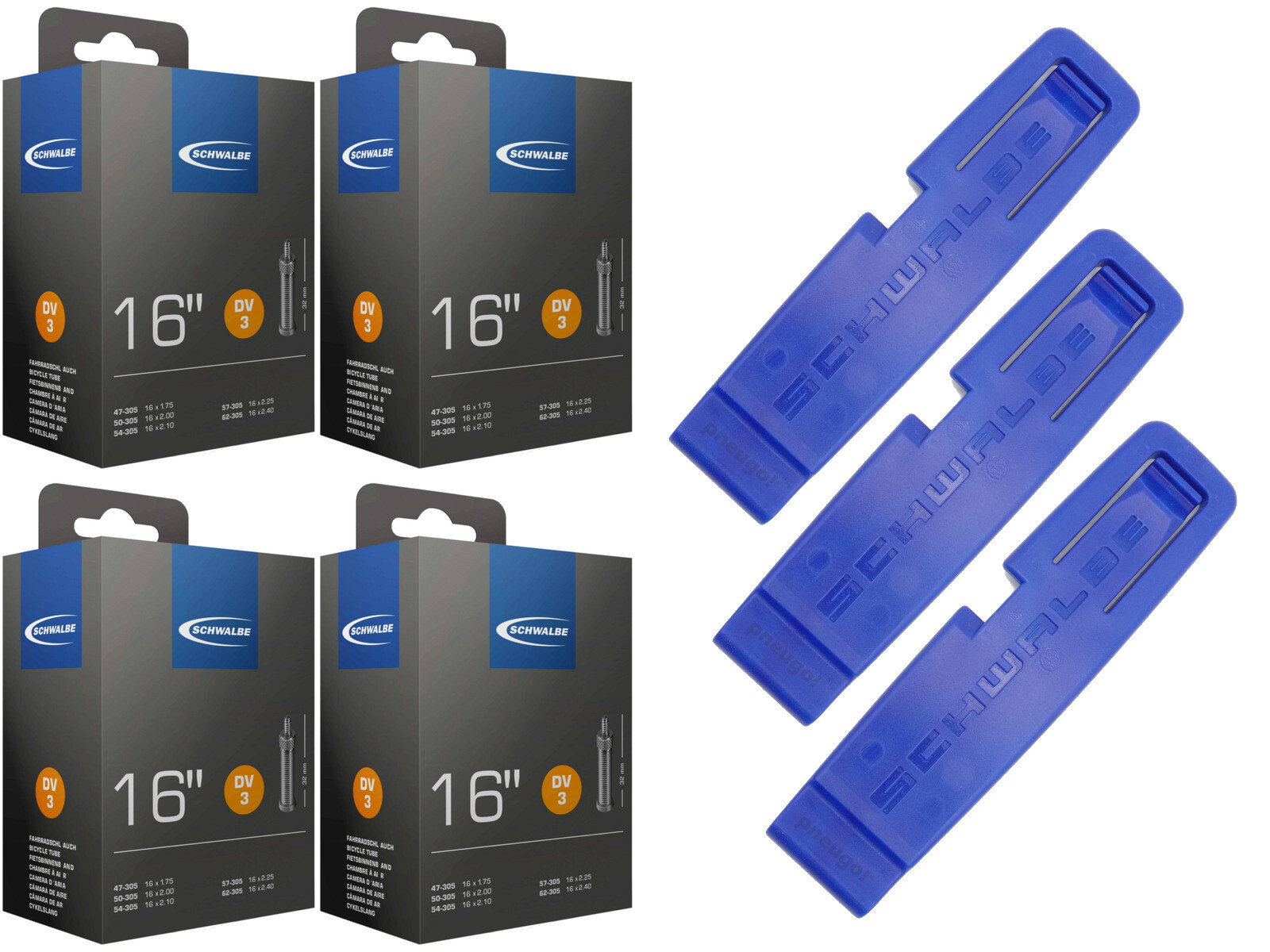 4x Tubo de bicicleta Schwalbe 57-305 (16x2.125) Dv 32mm Válvula Tipo Dunlop+