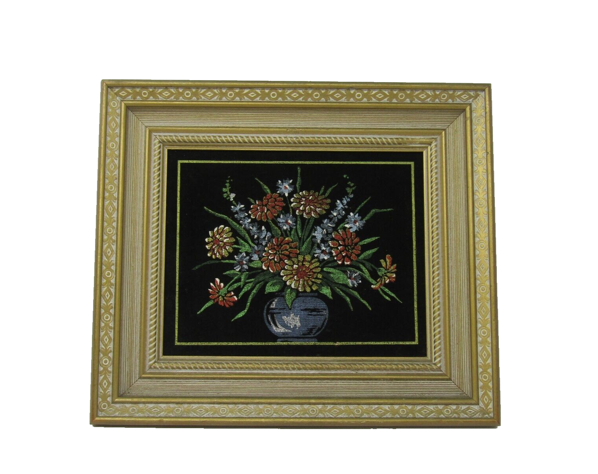Original Art Vtg Oval Pot of Flowers Painting on Black