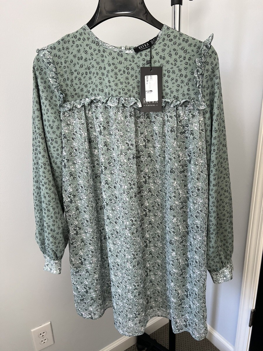 NWT REFKA Modest Fashion Floral Green Floral Tunic Dress Long Sleeve US 8 Medium