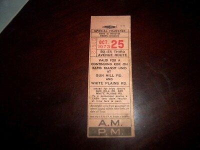 MABSTOA BRONX BUS TRANSFER 1973 NYC SUBWAY THIRD AVE GUN HILL ROAD WHITE PLAINS