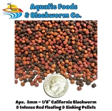 Floating/Sinking Mix Blackworm & Intense Red Coloring Cichlid Pellets. Apx 3 mm
