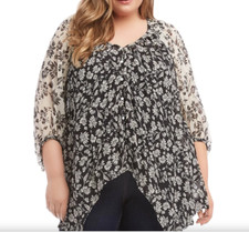 Karen Kane Plus Floral Pleated Button Peasant Blouse Tunic Top 2X Retail $128