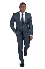 Slim Fit 2 Button Men Plaid Windowpane Charcoal Grey Suit Notch Lapel AZAR 18335