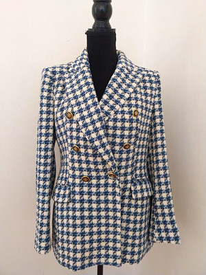 ZARA Damen Blazer Hahnentritt Blau/Weiß, doppelreihig, Knöpfe, M