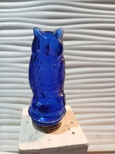1920s Victory Glass Co. Blue Cobalt Glass Owl Jar Container Bottle Metal Base
