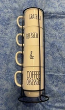 Grateful, Blessed, & Coffee Obsessed Stackable Mugs In Holder Set of 4
