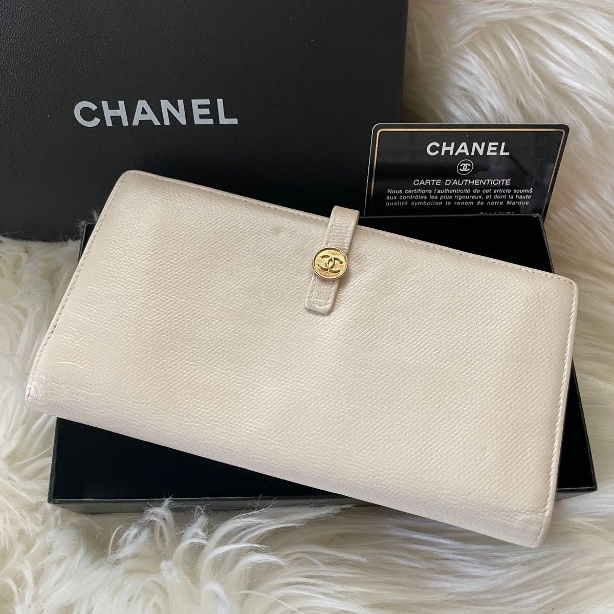 CHANEL Foldable Long Wallet with Guarantee Card Coco Mark White Ivory Coco Butto