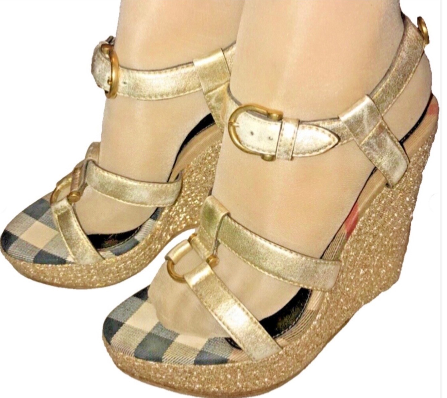 Burberry Gold Leather Nova Check Strap Wedge Buckled Sandals SZ 38 thumbnail 3