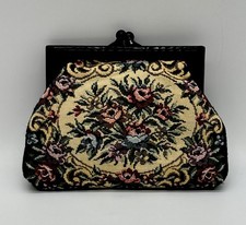 VTG Needlepoint Tapestry Handbag Floral Mini Clutch Purse Lucite Kiss Lock Frame