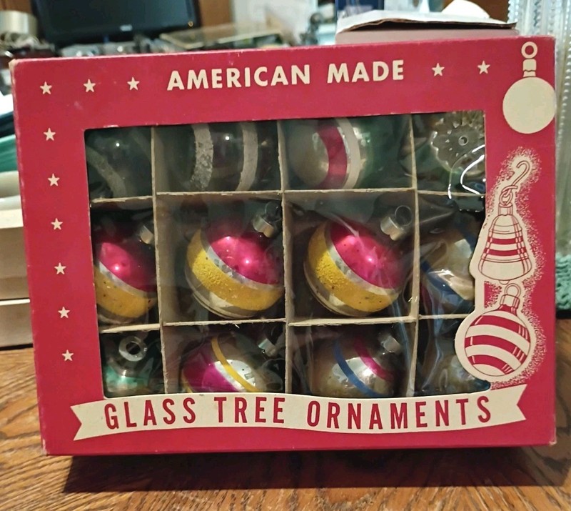 VINTAGE BOX OF 12  USA STRIPE MERCURY GLASS TREE CHRISTMAS ORNAMENTS