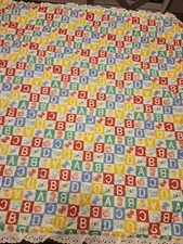 Vtg Handmade Quilted Baby Blanket Alphabet Print Multicolor Lace Trim 34x35"