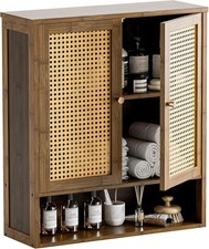 Bathroom Wall Cabinet, Rattan Wall Cabinet with Shelves and Doors, Bamboo