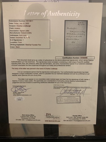 Professionally Framed Letter of Charles Lindbergh w JSA  COA from Dec. 1930 ! - Picture 3 of 4