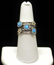 Sterling Silver Sparkling Square Blue Stones Flowers Ring SZ 7.0 FME956