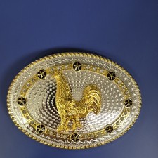 Men's Western Oval Belt Buckle Gold/Silver Tone Metal Rooster Rhinestone