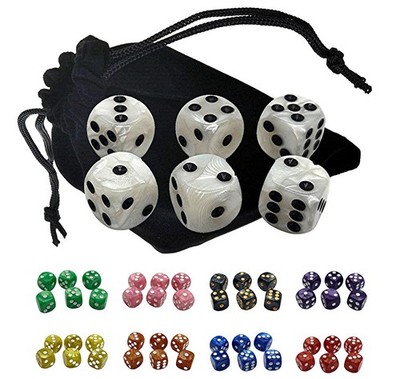 Set of (6) 16mm Pearlized Dice Rounded Corners with Velvet Storage Pouch