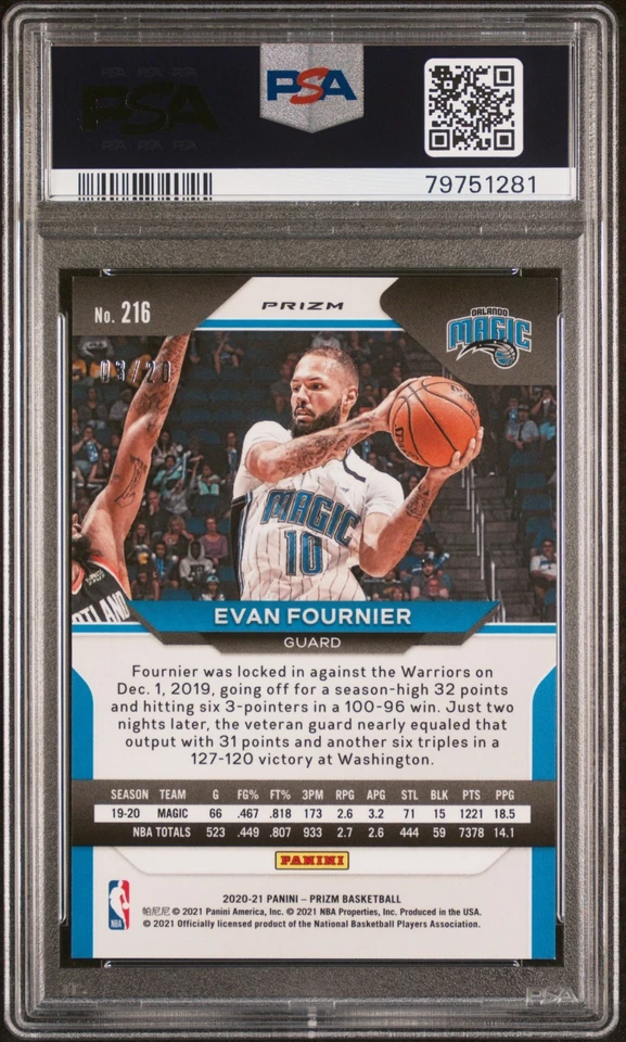 Evan Fournier 2020 Panini Prizm Fast Break Bronze Prizm 3/20 PSA 9 *Pop 1 Foto 2 de 3