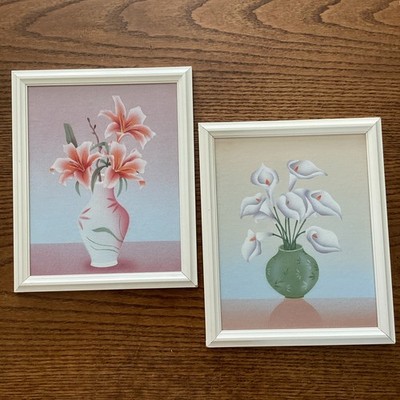 2 Vintage Framed Art Floral Still Life Painting  Tiger & Peace Lily Set of 2
