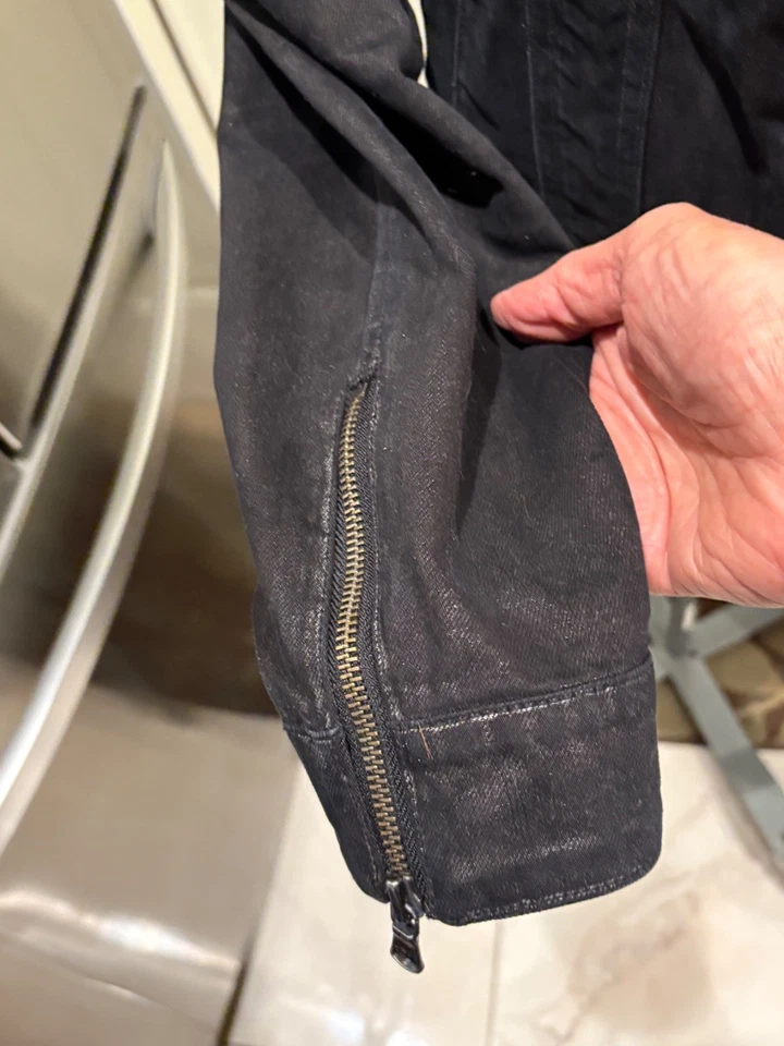 John Varvatos trucker Jacket w/Mandarin Collar, Zip/Button closure-Medium-Black - Image 3 of 4