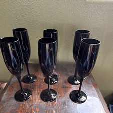 Set Of 6 Vintage Libbey Black Amethyst Champagne Flutes Wine Glasses 8.75”T