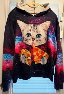 Psychedelic Cat in Space Eating Pizza Taco Hoodie Small