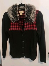 WOOLRICH 100 Lamb's Wool Black Cardigan Sweater Fur Collar Buffalo Plaid Medium