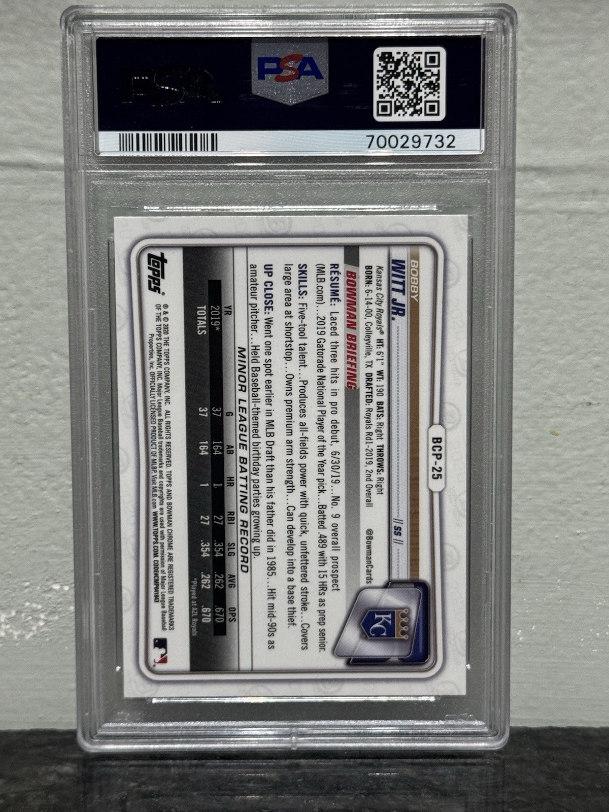 BOBBY WITT JR 2020 Bowman Chrome Sapphire Edition 1st PSA 9 Mint view 2